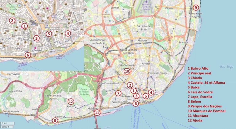 Mapa de Lisboa com os bairros